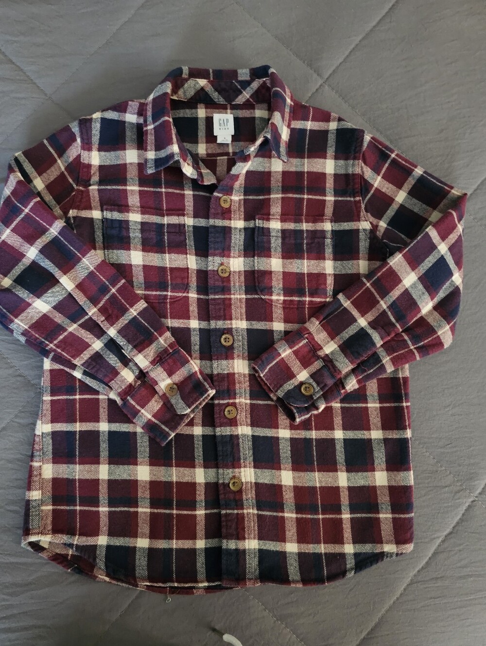 GAP Kids Burgundy, Navy & Cream Plaid Shirt, Size 6-7